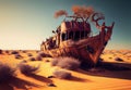 old leaky ship in the desert. the ship ran aground on a dune.