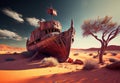 old leaky ship in the desert. the ship ran aground on a dune.