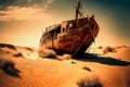 old leaky ship in the desert. the ship ran aground on a dune.