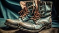 Old leather army boots, rough and dirty, lace undone generated by AI