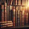 Old leather bound books on a shelf in a library.