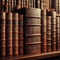 Old leather bound books on a shelf in a library.