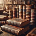 Old leather bound books on a shelf in a library.