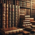 Old leather bound books on a shelf in a library.