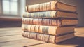 Old Leather-Bound Books in a Stack on Wooden Table, Featuring Ai Generated Royalty Free Stock Photo