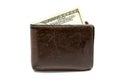 Old leather brown wallet with one hundred dollars banknote isolated on white background Royalty Free Stock Photo