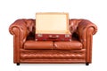 Old leather couch with an open vintage suitcase Royalty Free Stock Photo