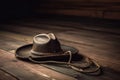 old leather cowboy hat with frayed rope and worn buckle on dusty wooden floor