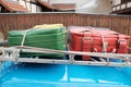 Old leather luggage tied on the roof of a vintage classic car Royalty Free Stock Photo