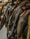 The old leather saddle horse close up detail Royalty Free Stock Photo