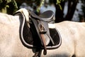 Old leather saddle with stirrups for show jumping race Royalty Free Stock Photo