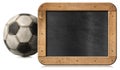 Old soccer ball and empty blackboard isolated on white Royalty Free Stock Photo