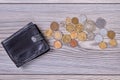 Old leather wallet and coins. Royalty Free Stock Photo