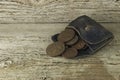 Old leather wallet with old copper coins Royalty Free Stock Photo