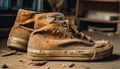 Old leather work boot, torn lace fastener generated by AI