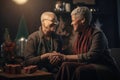 old lesbian middle aged couple giving gifts and presents to each other, female gay lgbt homosexual african american marriage or Royalty Free Stock Photo