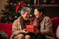 old lesbian middle aged couple giving gifts and presents to each other, female gay lgbt homosexual asian marriage or girlfriends Royalty Free Stock Photo