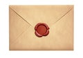 Old letter envelope with red wax seal isolated