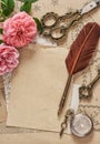 Old letters rose flowers antique feather pen Used paper background