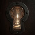 Old library interior with high, arched ceiling viewed through a large keyhole. Sunlight Royalty Free Stock Photo