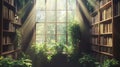 Old library interior, natural light beams, plants on windowsills. Royalty Free Stock Photo