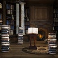 Old library with lots of books and a burning fireplace