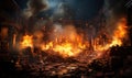 An old library, overwhelmed with burning old books Royalty Free Stock Photo