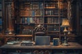 Old Library, Vintage Bookshelf, Ancient Bookcase, Antique Book Shop Abstract Generative Ai Illustration