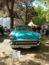 Old light blue 1957 Chevrolet Chevy Bel Air sport sedan in a park. Autoclasica 2022 classic car show Royalty Free Stock Photo