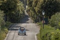 An old light blue Fiat 500 convertible with a suitcase on the back, drives along a tree-lined avenue of Tuscany, Artimino, Italy