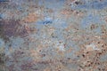 Old light blue painted grey rusty rustic rust iron metal background texture, horizontal aged damaged weathered scratched plain