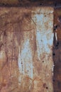 Old light blue painted grey rusty rustic rust iron metal frame background texture, vertical aged damaged weathered scratched