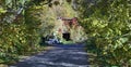 Old lighted house, overgrown with plants at the end of the alley. Dark doorway. Horror. Royalty Free Stock Photo