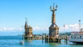 Old lighthouse and big statue of Imperia in harbor of Konstanz, Germany Royalty Free Stock Photo