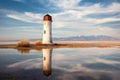 an old lighthouse on the edge of a salt lake reflecting on the waters surface