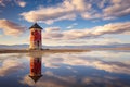 an old lighthouse on the edge of a salt lake reflecting on the waters surface