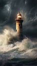 An old lighthouse during a raging storm, with huge waves crashing against the rocky shoreline