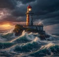 The old lighthouse shines in a storm in the ocean at sunset Royalty Free Stock Photo