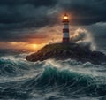 The old lighthouse shines in a storm in the ocean at sunset Royalty Free Stock Photo