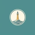 Retro Lighthouse Emblem Design Illustration In Light Teal And Dark Beige