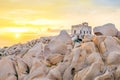 The old lighthouse at sunset on the Capo Testa peninsula, Sardinia, Italy Royalty Free Stock Photo