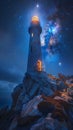 Old Lighthouse Warning Ships of the Rugged Coastline The beam blurs with the night Royalty Free Stock Photo
