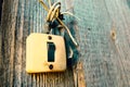 Old Lighting Switch on the wood wall. Close up hand turning on or off on grey light switch with wooden background. Copy space Royalty Free Stock Photo