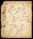 Old lined paper sheet with calculations and dirty borders Royalty Free Stock Photo