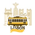 Old Lisbon tram and cityscape of city, Portugal landmarks, Lisbon tramway