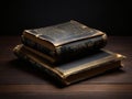 old literature books in the table isolated on dark background, mockup design, 3d render books,. Royalty Free Stock Photo