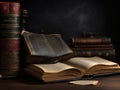 old literature books in the table isolated on dark background, mockup design, 3d render books,. Royalty Free Stock Photo