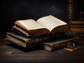 old literature isolated on dark background, mockup design, 3d render books,. Royalty Free Stock Photo