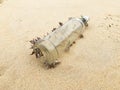 Old littered glass bottle covered with seashells lying on a golden sandy beach Royalty Free Stock Photo