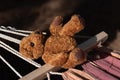 An old little brown plush bear lies next to a fabric hammock. The stuffed animal has obviously been forgotten and is lying on the